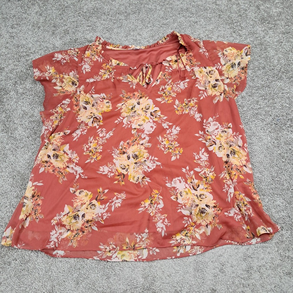 LC Lauren Conrad Womens 2X Terracotta Floral Chiffon Ruffle Tie Neck Blouse Top